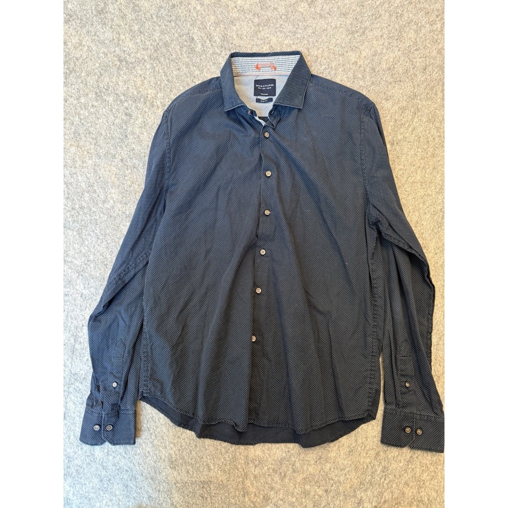 Denim & Flower Ricky Singh Mens Large Slim Fit Shirt Navy Blue Dot Button Down